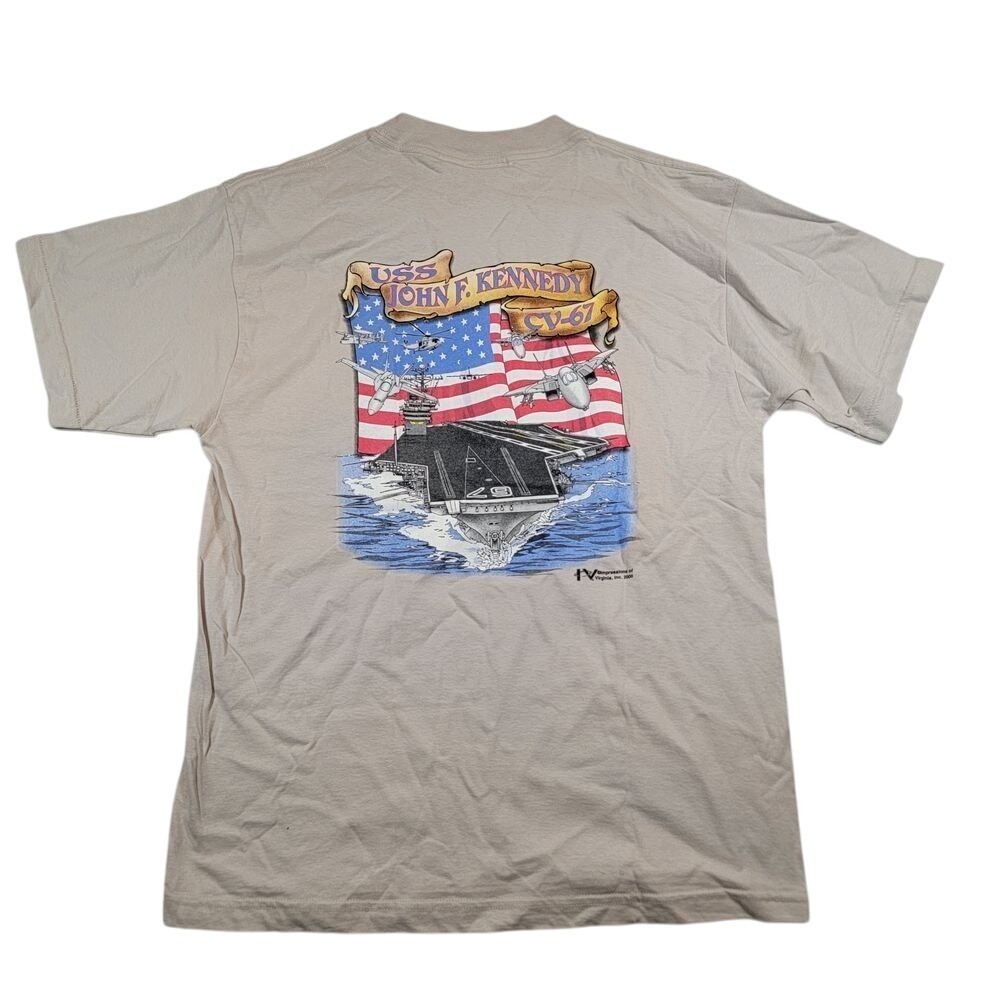 VTG USS‎ JFK CV-67 T-Shirt Sz L Beige Dated 2000